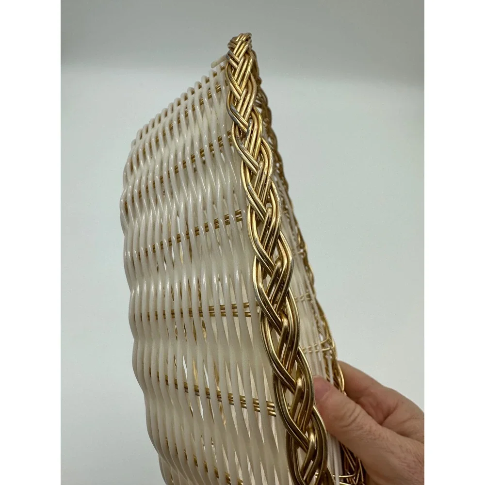 Vintage Oval Woven Wire Basket Hollywood Regency White Gold 9.5 inch